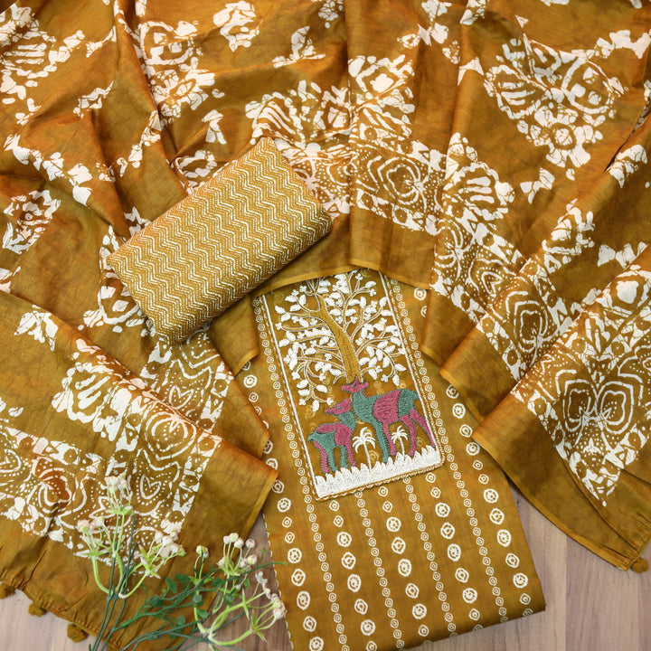 Saajna Mustard Yellow Organza Deer Embroidery Patch Printed Cotton Suit Set