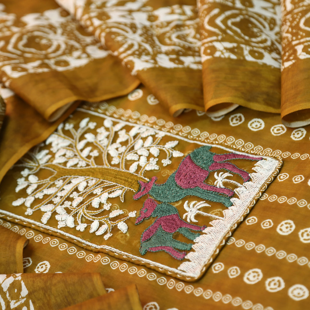 Saajna Mustard Yellow Organza Deer Embroidery Patch Printed Cotton Suit Set