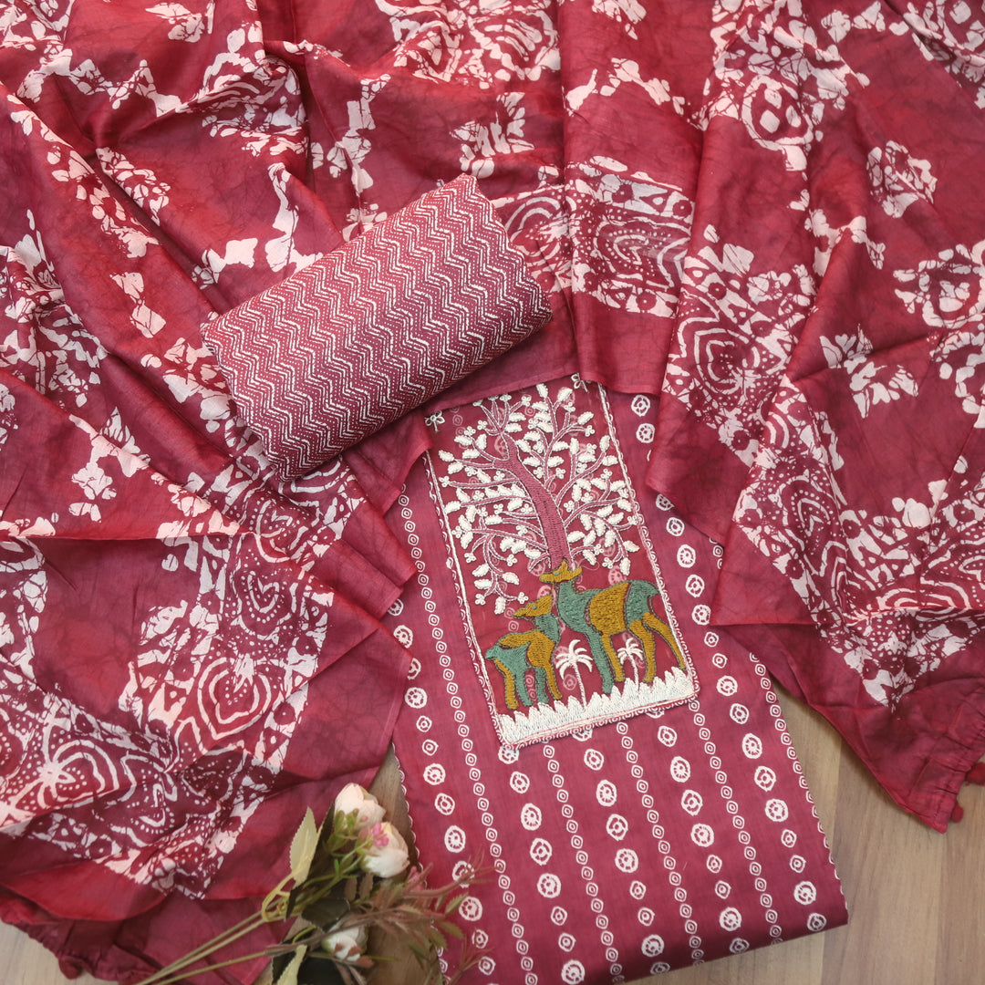 Saajna Mulberry Mauve Organza Deer Embroidery Patch Printed Cotton Suit Set