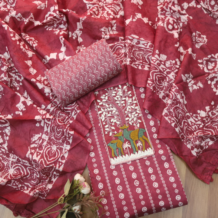 Saajna Mulberry Mauve Organza Deer Embroidery Patch Printed Cotton Suit Set