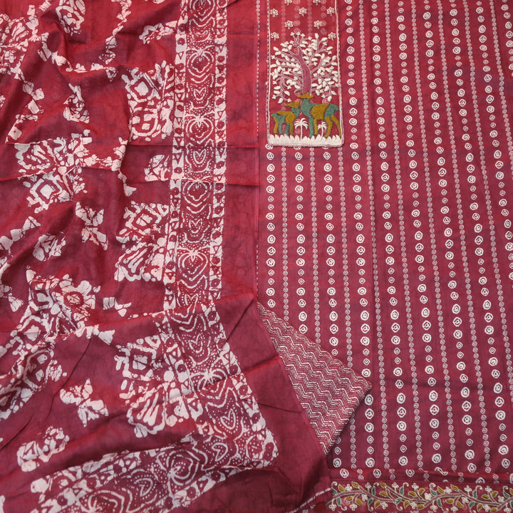 Saajna Mulberry Mauve Organza Deer Embroidery Patch Printed Cotton Suit Set
