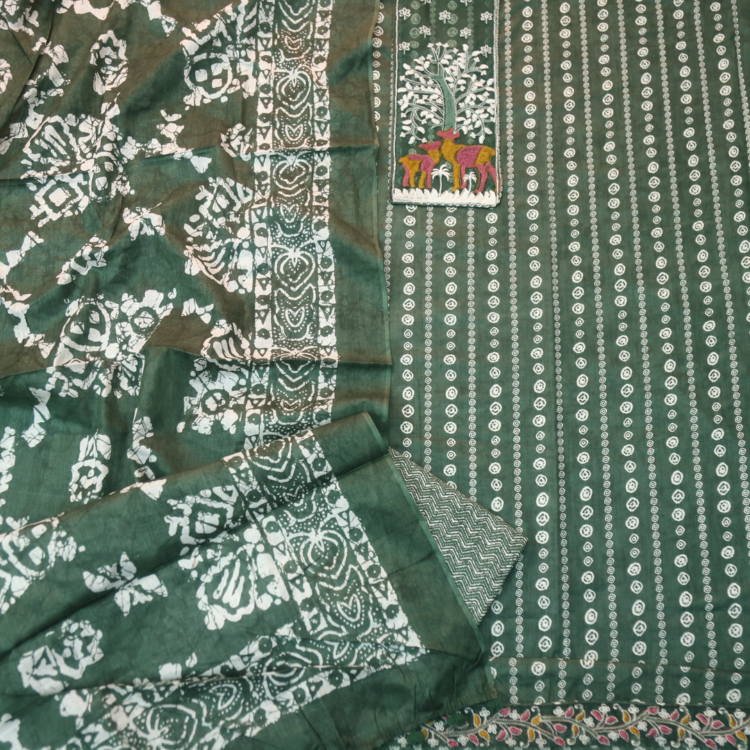 Saajna Sacramento Green Organza Deer Embroidery Patch Printed Cotton Suit Set