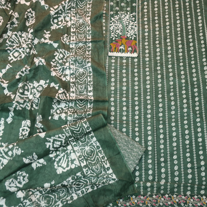 Saajna Sacramento Green Organza Deer Embroidery Patch Printed Cotton Suit Set