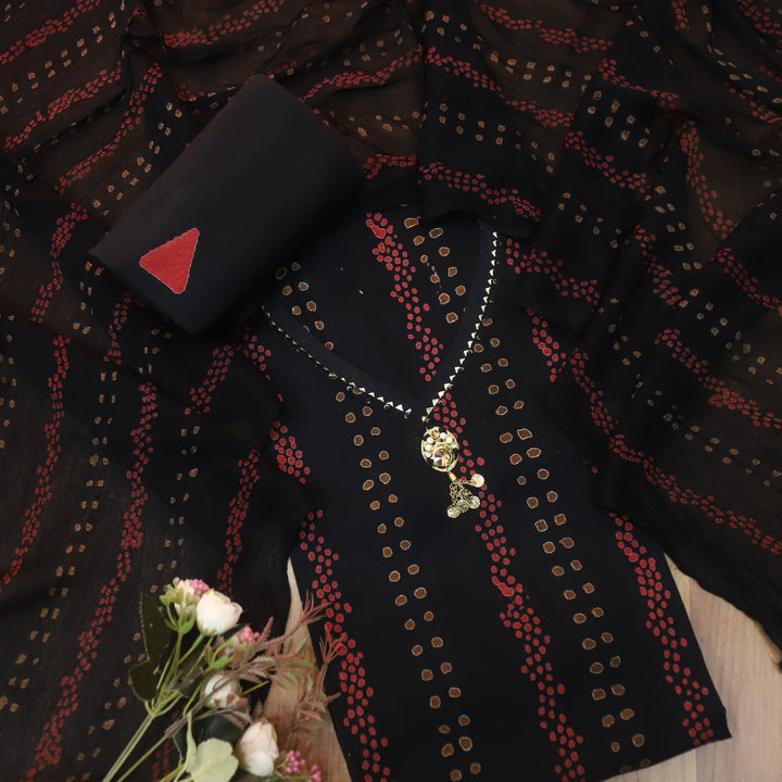 Barista Ebony Black V Neck Kingri with Stone Work Petal Print Cotton Suit Set