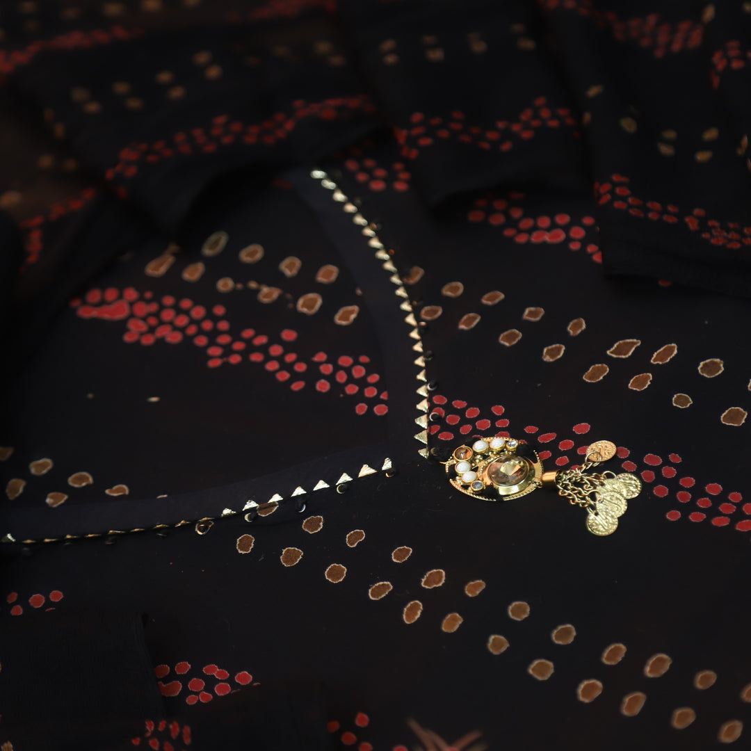 Barista Ebony Black V Neck Kingri with Stone Work Petal Print Cotton Suit Set