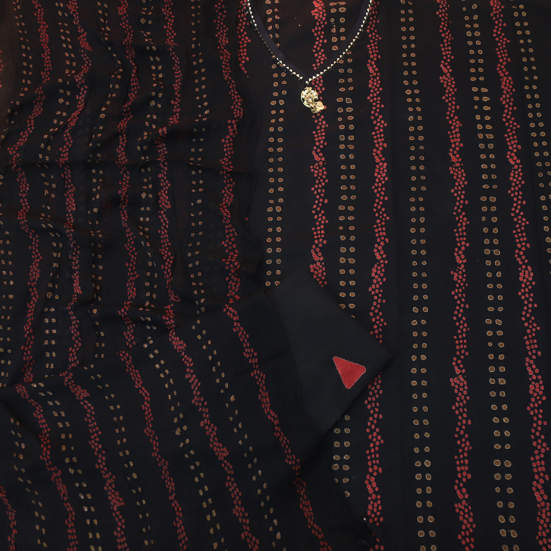 Barista Ebony Black V Neck Kingri with Stone Work Petal Print Cotton Suit Set