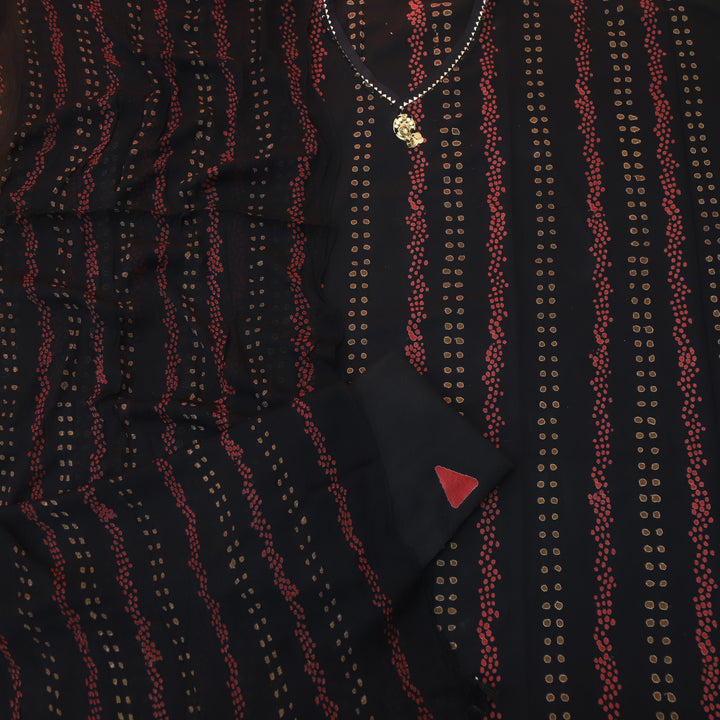 Barista Ebony Black V Neck Kingri with Stone Work Petal Print Cotton Suit Set
