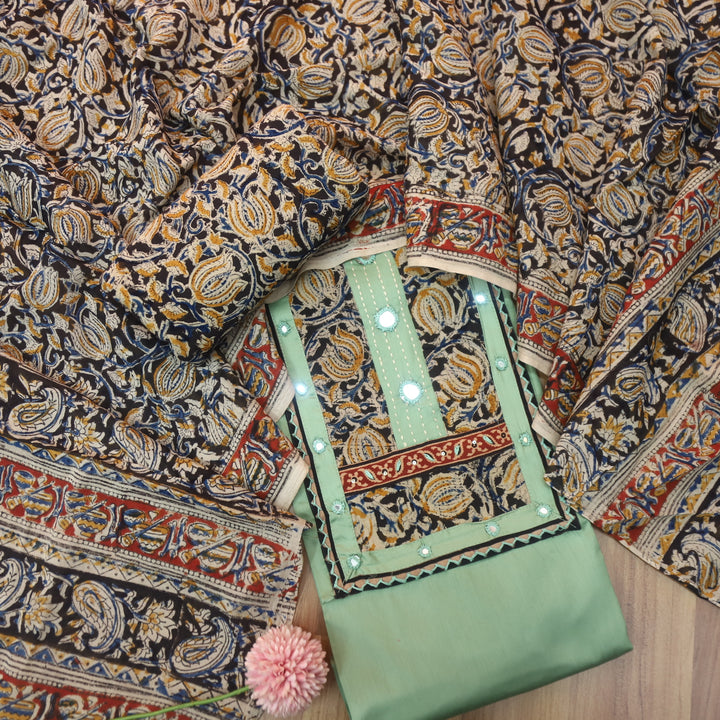 Kakaswi Sage Green Kalamkari Patch with Mirror Work Glazed Cotton Suit Set