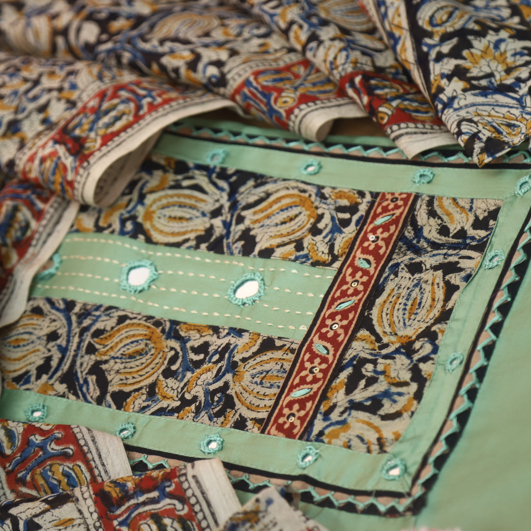 Kakaswi Sage Green Kalamkari Patch with Mirror Work Glazed Cotton Suit Set