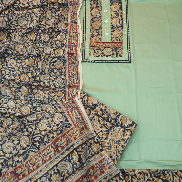 Kakaswi Sage Green Kalamkari Patch with Mirror Work Glazed Cotton Suit Set