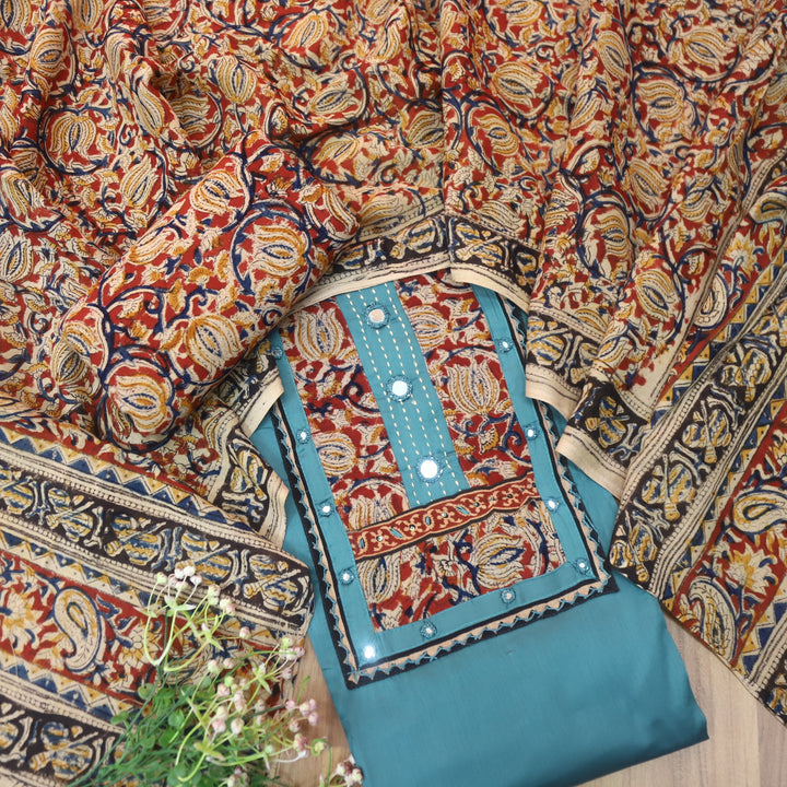 Kakaswi Sapphire Blue Kalamkari Patch with Mirror Work Glazed Cotton Suit Set