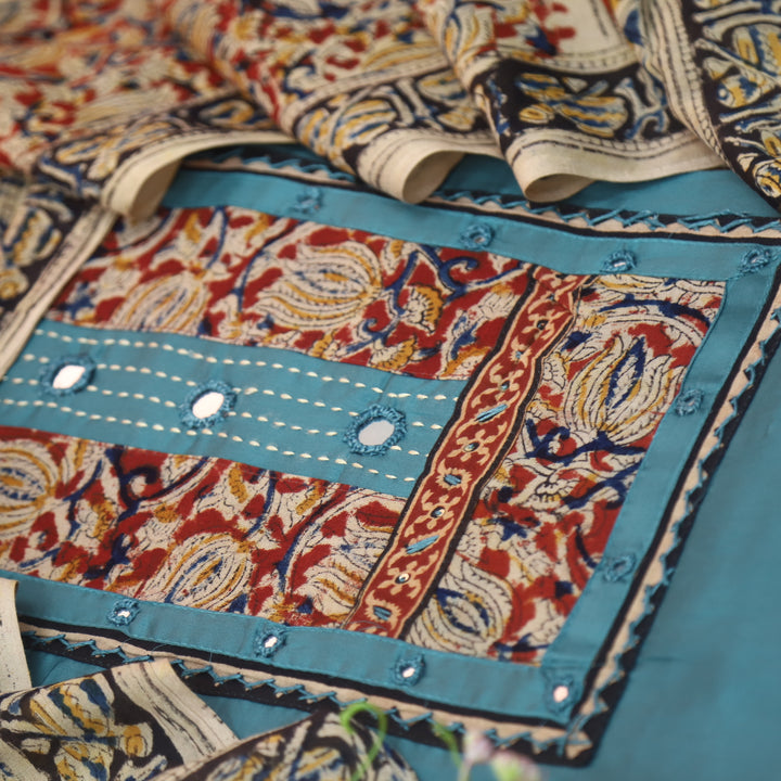 Kakaswi Sapphire Blue Kalamkari Patch with Mirror Work Glazed Cotton Suit Set