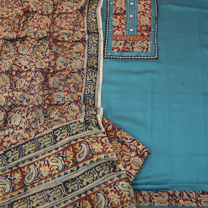 Kakaswi Sapphire Blue Kalamkari Patch with Mirror Work Glazed Cotton Suit Set
