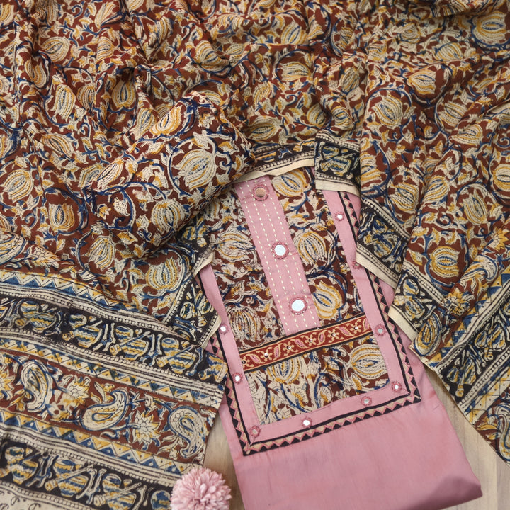 Kakaswi Mauve Pink Kalamkari Patch with Mirror Work Glazed Cotton Suit Set