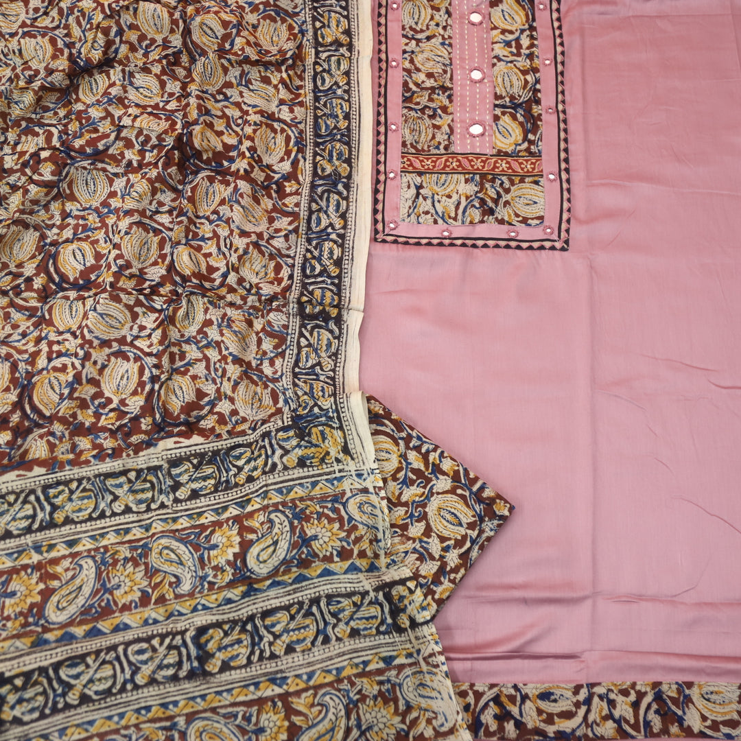 Kakaswi Mauve Pink Kalamkari Patch with Mirror Work Glazed Cotton Suit Set