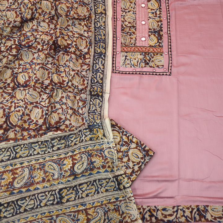 Kakaswi Mauve Pink Kalamkari Patch with Mirror Work Glazed Cotton Suit Set