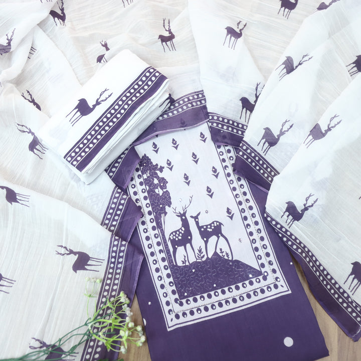 Hiraani Seance Purple Deer Print Patch with Kardana and Patra Work Cotton Suit Set