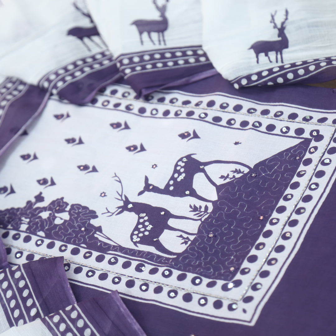 Hiraani Seance Purple Deer Print Patch with Kardana and Patra Work Cotton Suit Set