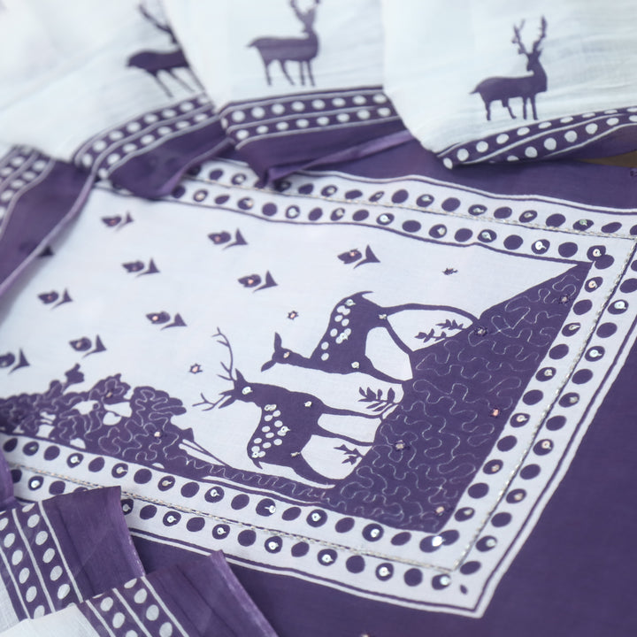 Hiraani Seance Purple Deer Print Patch with Kardana and Patra Work Cotton Suit Set