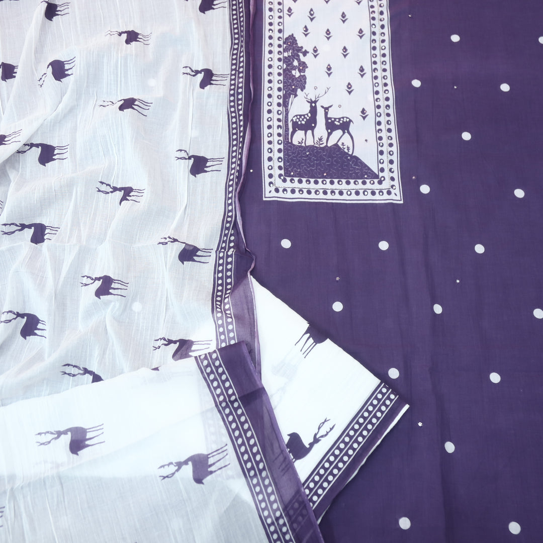 Hiraani Seance Purple Deer Print Patch with Kardana and Patra Work Cotton Suit Set