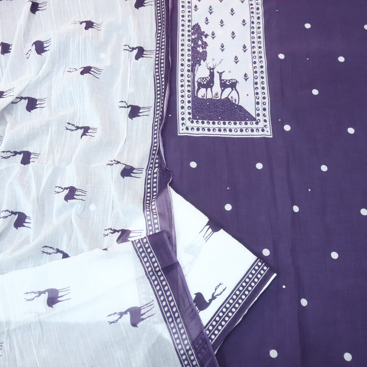 Hiraani Seance Purple Deer Print Patch with Kardana and Patra Work Cotton Suit Set