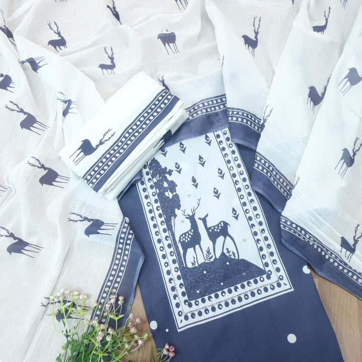Hiraani Grayish Blue Deer Print Patch with Kardana and Patra Work Cotton Suit Set