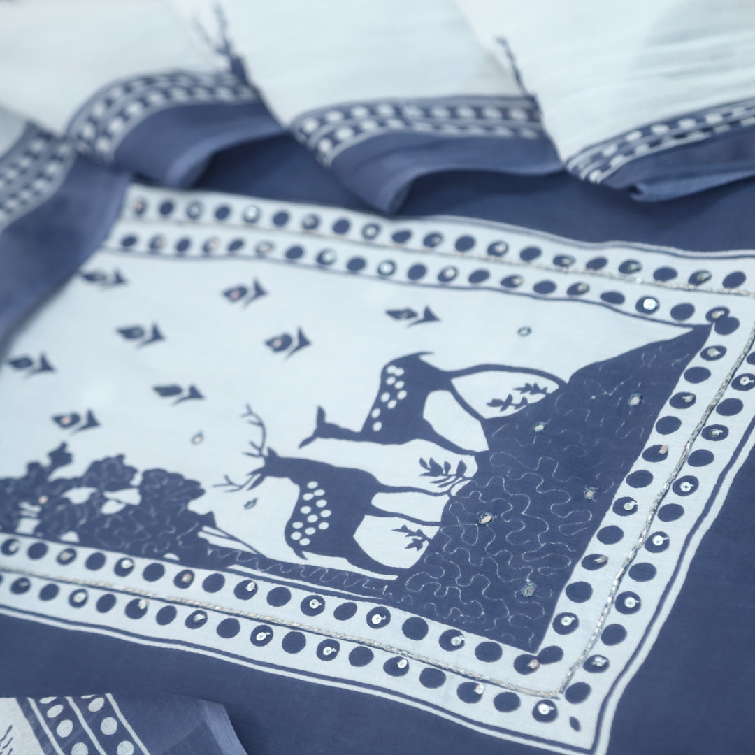 Hiraani Grayish Blue Deer Print Patch with Kardana and Patra Work Cotton Suit Set