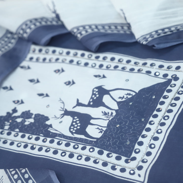 Hiraani Grayish Blue Deer Print Patch with Kardana and Patra Work Cotton Suit Set