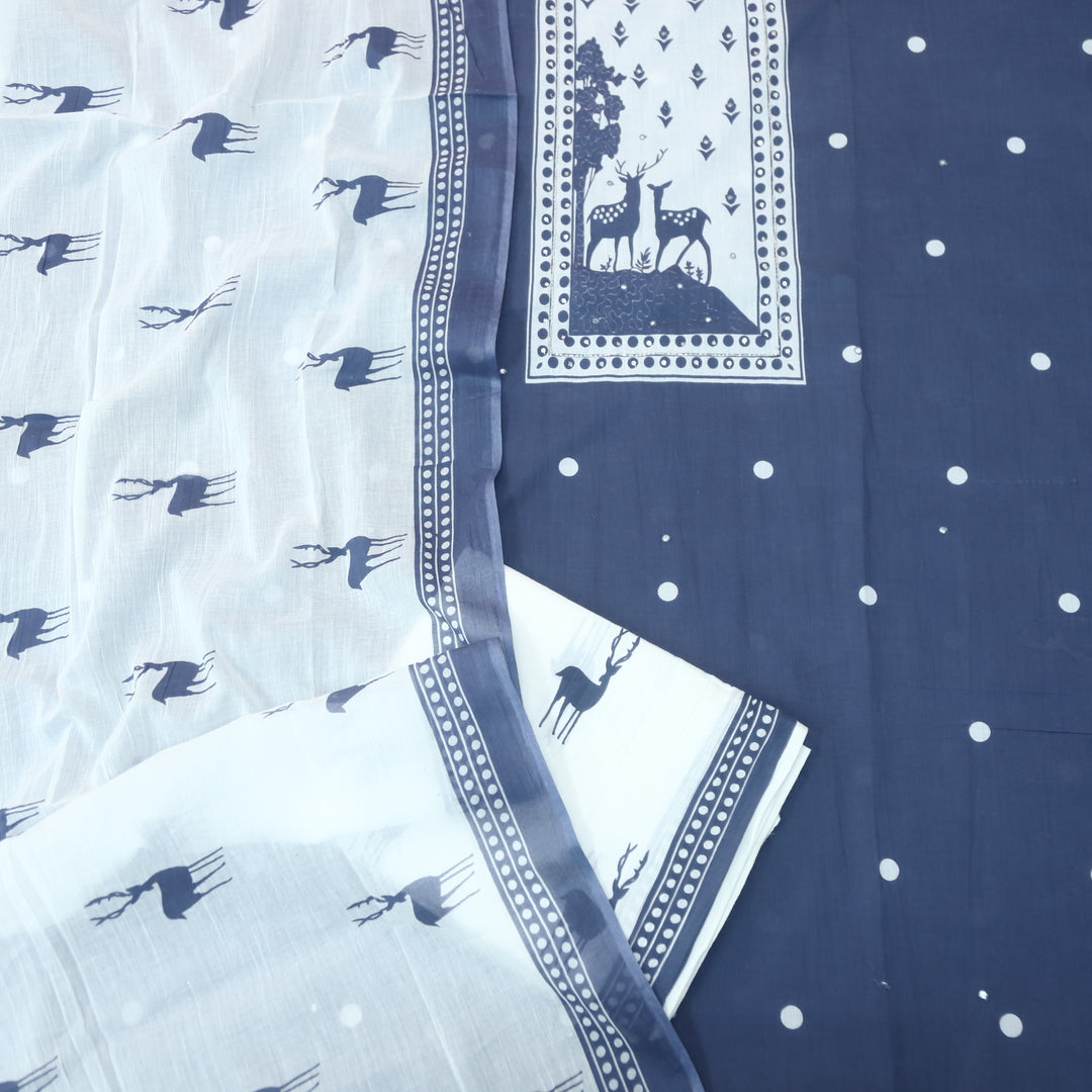 Hiraani Grayish Blue Deer Print Patch with Kardana and Patra Work Cotton Suit Set