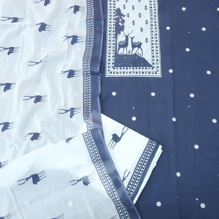 Hiraani Grayish Blue Deer Print Patch with Kardana and Patra Work Cotton Suit Set