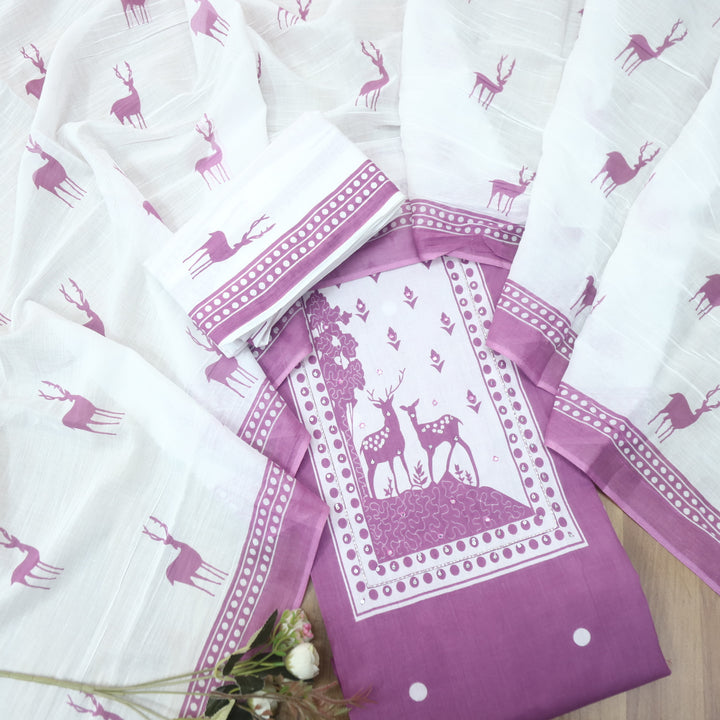 Hiraani Mulberry Purple Deer Print Patch with Kardana and Patra Work Cotton Suit Set