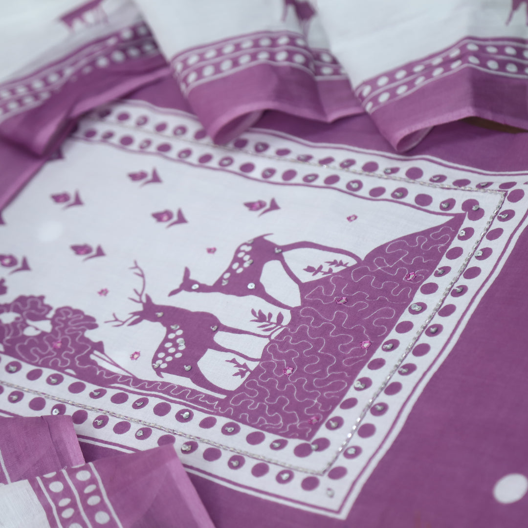Hiraani Mulberry Purple Deer Print Patch with Kardana and Patra Work Cotton Suit Set