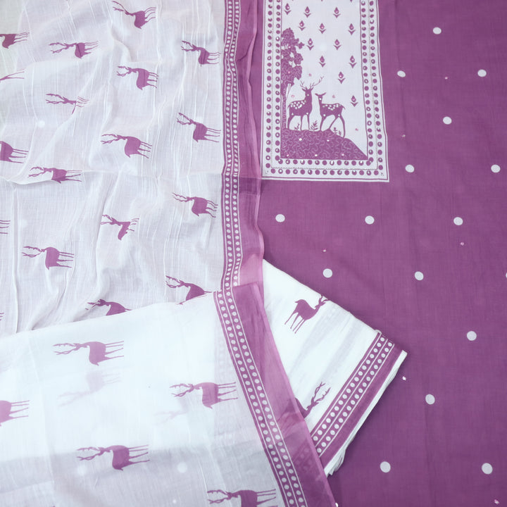 Hiraani Mulberry Purple Deer Print Patch with Kardana and Patra Work Cotton Suit Set