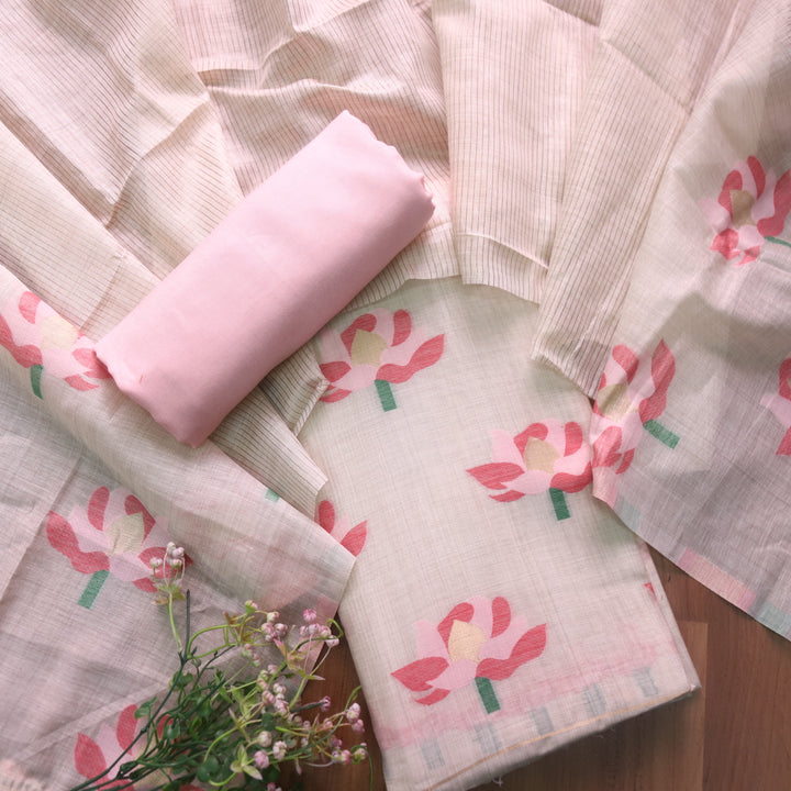 Zinat Beige with Pink Floral Authentic Jamdani Weaved with Zari Suit Set