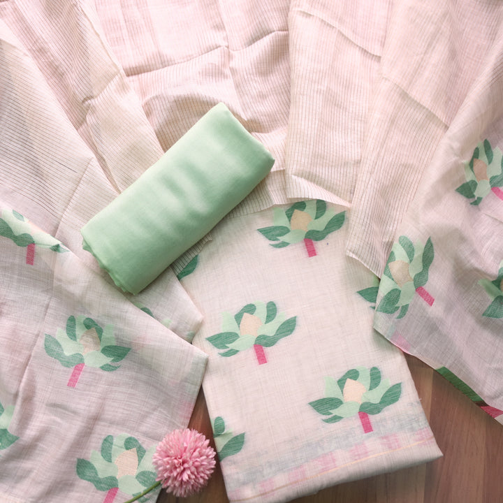Zinat Beige with Pastel Green Floral Authentic Jamdani Weaved with Zari Suit Set