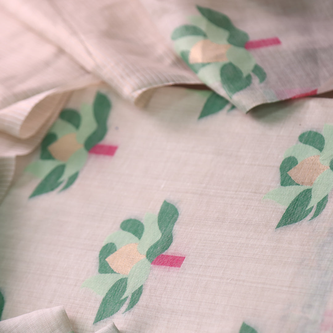 Zinat Beige with Pastel Green Floral Authentic Jamdani Weaved with Zari Suit Set