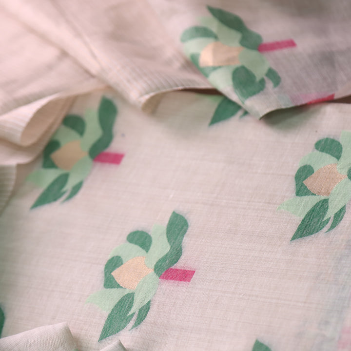 Zinat Beige with Pastel Green Floral Authentic Jamdani Weaved with Zari Suit Set