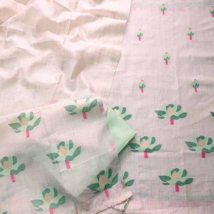Zinat Beige with Pastel Green Floral Authentic Jamdani Weaved with Zari Suit Set