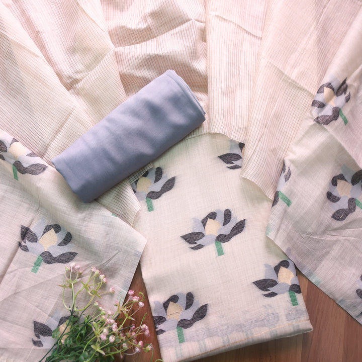Zinat Beige with Dark Grey Floral Authentic Jamdani Weaved with Zari Suit Set