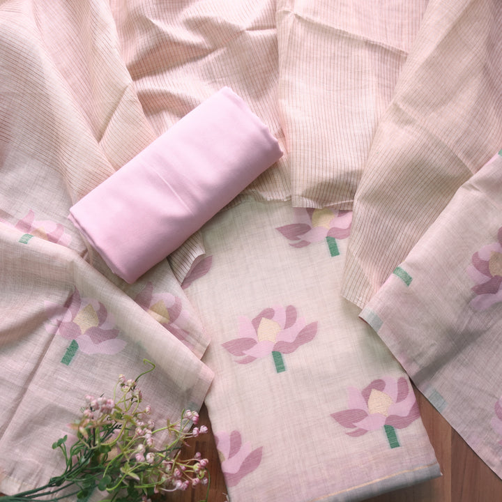 Zinat Beige with Pastel Lilac Floral Authentic Jamdani Weaved with Zari Suit Set