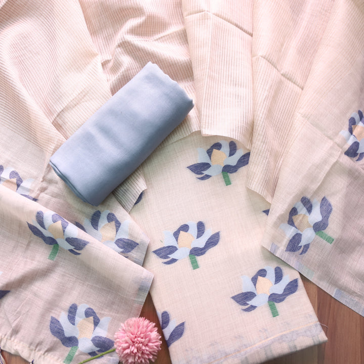 Zinat Beige with Navy Blue Floral Authentic Jamdani Weaved with Zari Suit Set