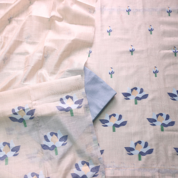 Zinat Beige with Navy Blue Floral Authentic Jamdani Weaved with Zari Suit Set