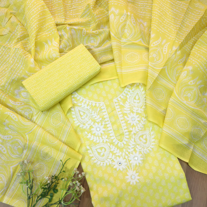 Roopam Corn Yellow Chikankari Inspired Neck Thread Work Printed Cotton Set