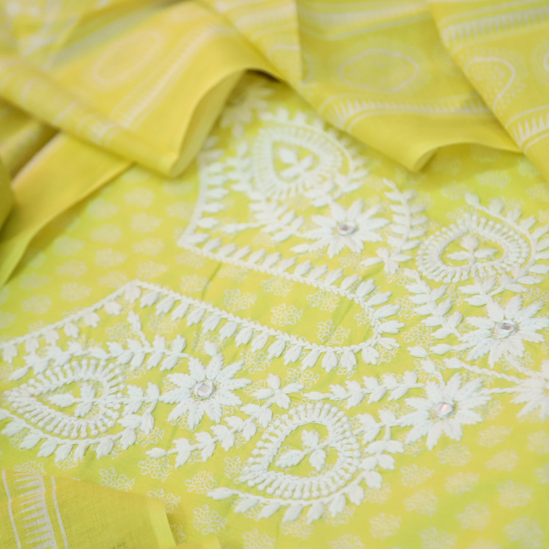 Roopam Corn Yellow Chikankari Inspired Neck Thread Work Printed Cotton Set