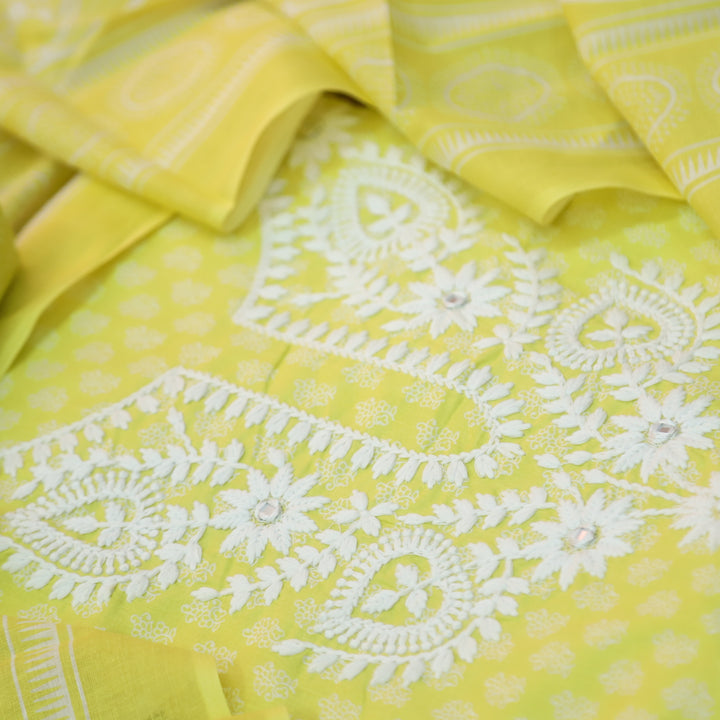 Roopam Corn Yellow Chikankari Inspired Neck Thread Work Printed Cotton Set