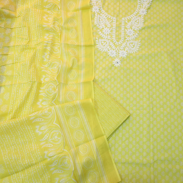 Roopam Corn Yellow Chikankari Inspired Neck Thread Work Printed Cotton Set