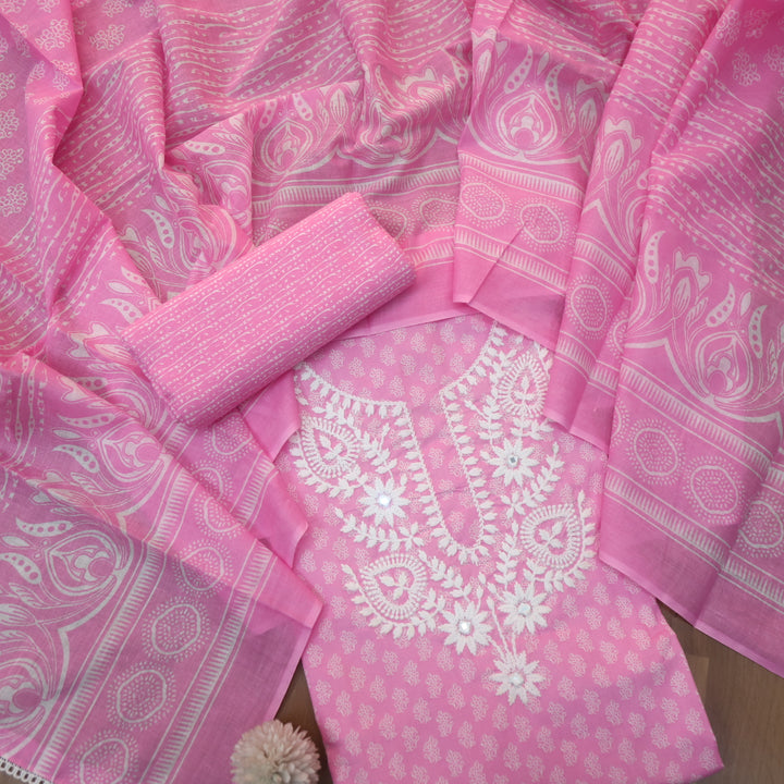 Roopam Candy Pink Chikankari Inspired Neck Thread Work Printed Cotton Set