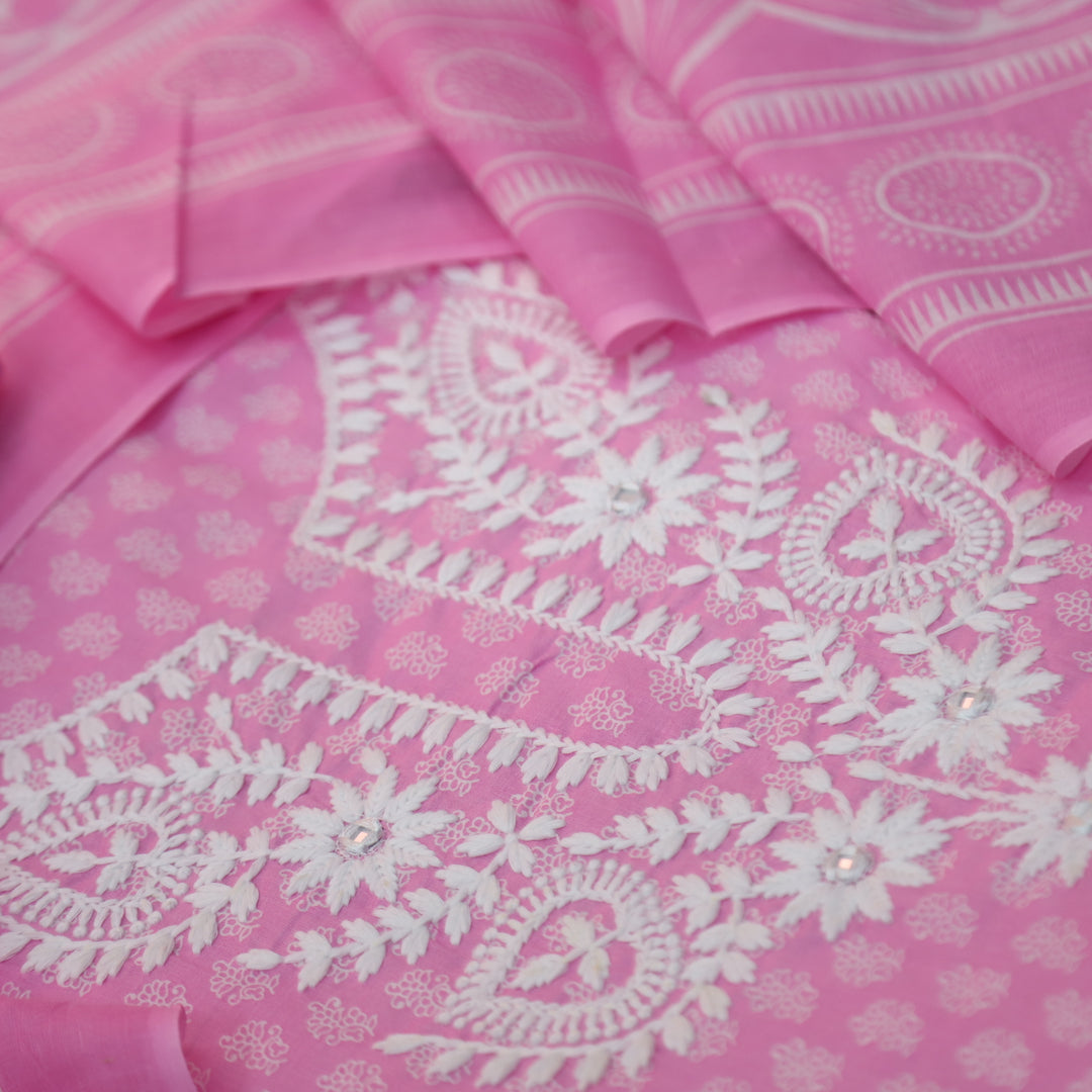 Roopam Candy Pink Chikankari Inspired Neck Thread Work Printed Cotton Set