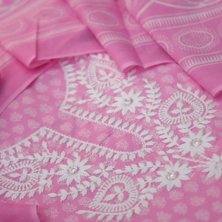 Roopam Candy Pink Chikankari Inspired Neck Thread Work Printed Cotton Set