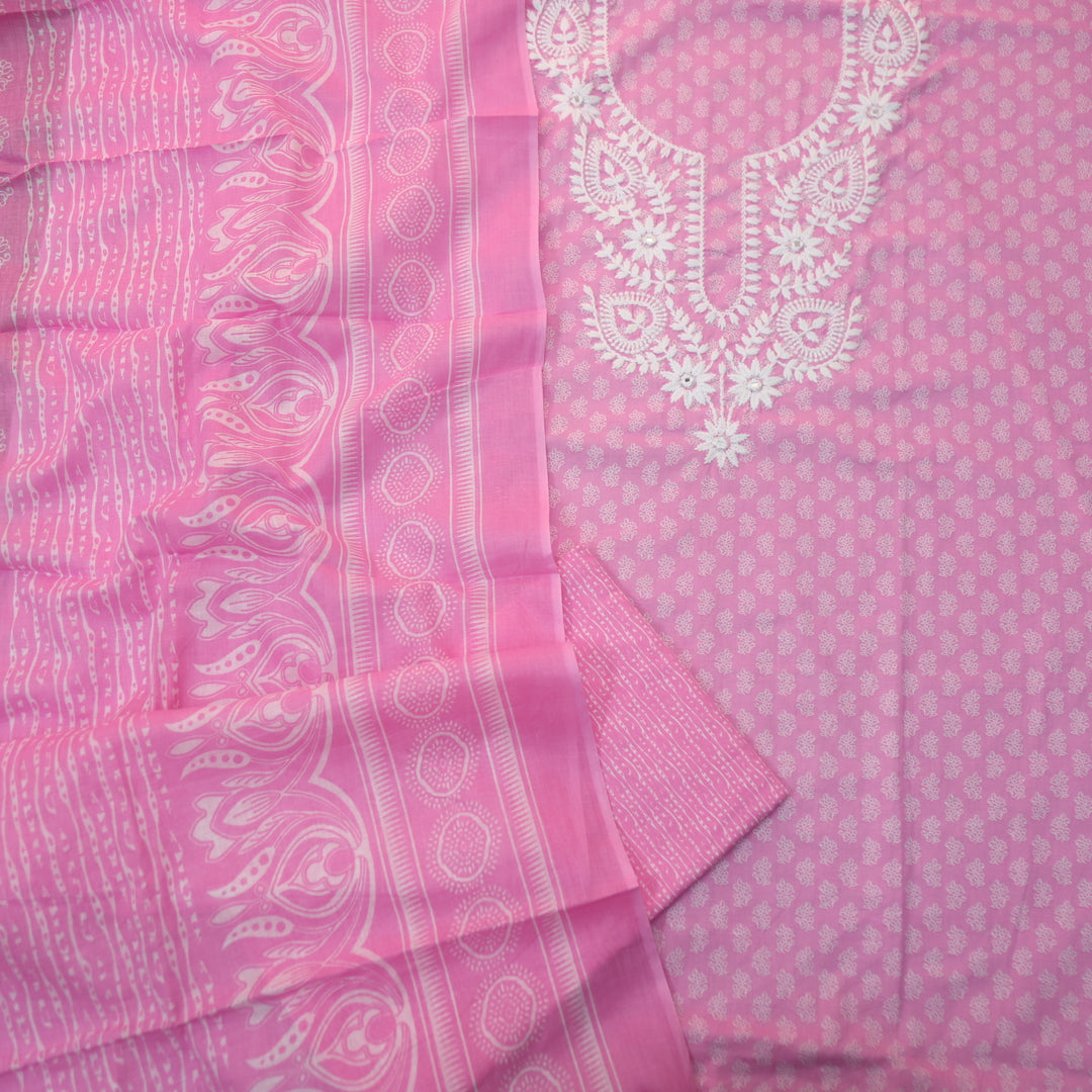 Roopam Candy Pink Chikankari Inspired Neck Thread Work Printed Cotton Set